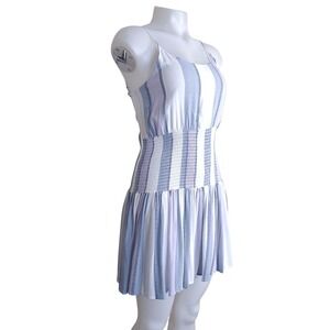 Ocean‎ Drive Women Mini Summer Dress L Stiped Baby Blue/Gray Rayon Smocked Waist